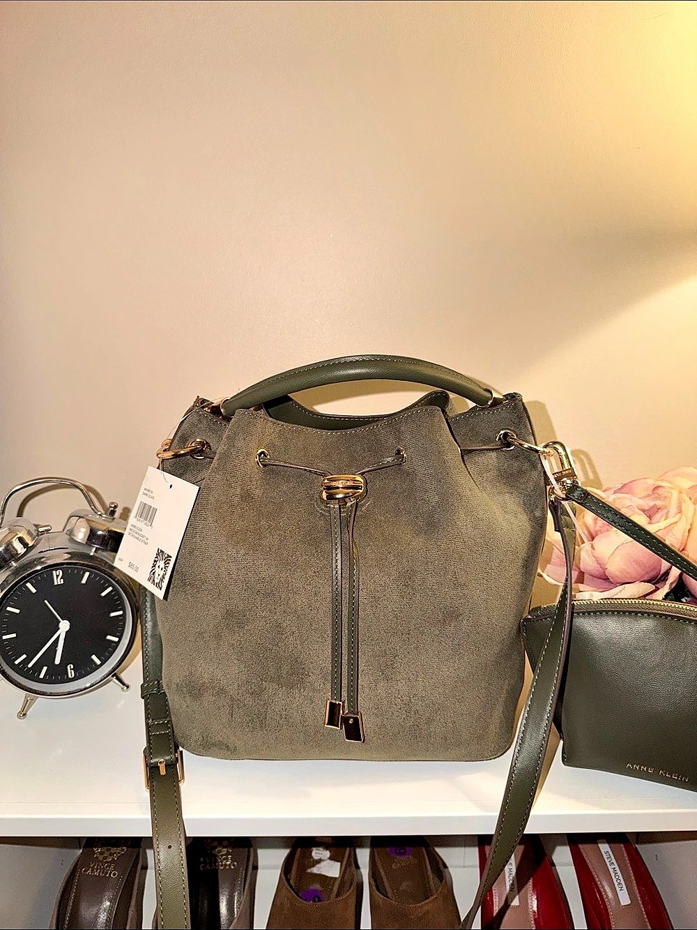 Anne Klein Convertible Strap Medium Bucket Handbag with Matching Pouch